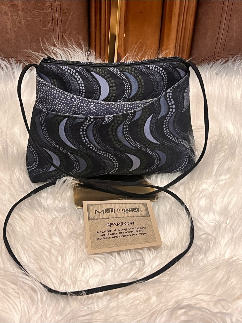 Maruca Sparrow Lunar Blue black and Gray Wave Print crossbody bag.